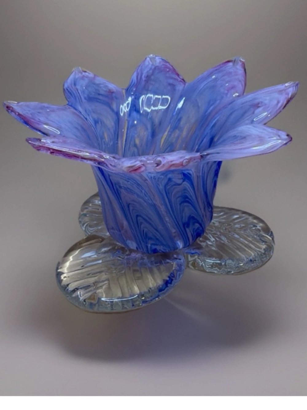🔥 80’s Hand-Blown Blue & Purple Glass Flower votive candle holder.  Home Art